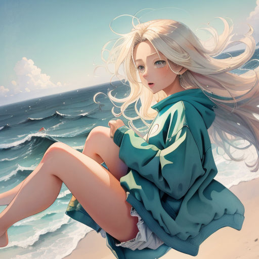 a woman sitting on the beach with her legs spread out and her hair blowing in the wind, with the ocean in the background