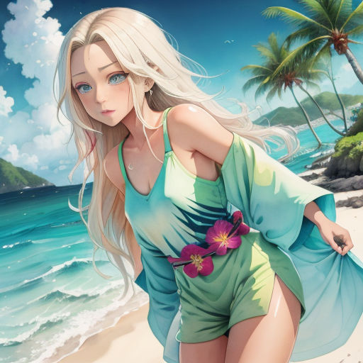 a woman in a green dress on a beach with a blue sky and ocean in the background and a palm tree