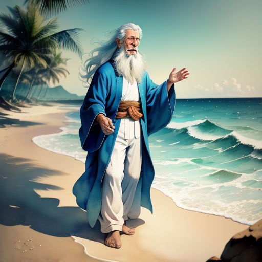 a painting of a man with a long white beard and a blue robe on a beach with palm trees