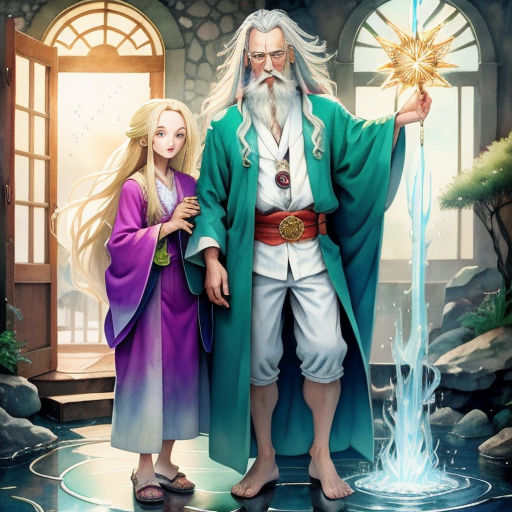 a man and a woman standing next to each other in front of a fountain with a star in it