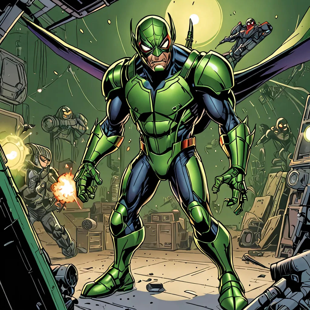 a green man in a green suit standing in a room with a gun in his hand and a machine gun in his other hand, antipodeans, a comic book panel, Alan Davis, comic cover art