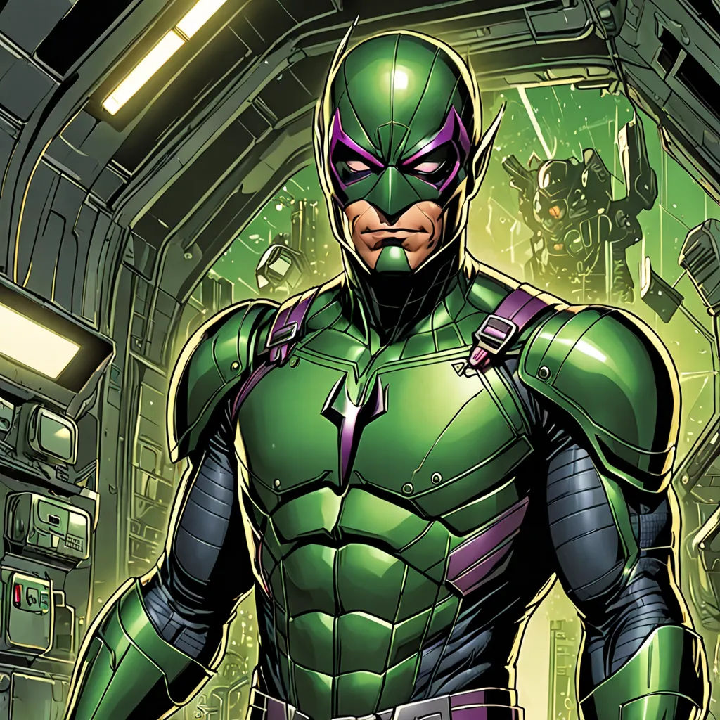a man in a green suit standing in a space station with a green light on his face and a green light on his chest, antipodeans, a comic book panel, Alan Davis, comic cover art