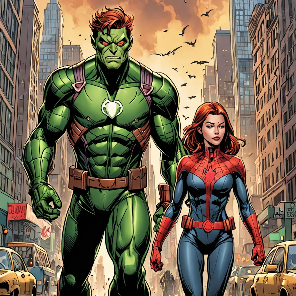 a woman and a man are walking in the street in front of a cityscape with a giant spider man, antipodeans, a comic book panel, Alan Davis, comic cover art