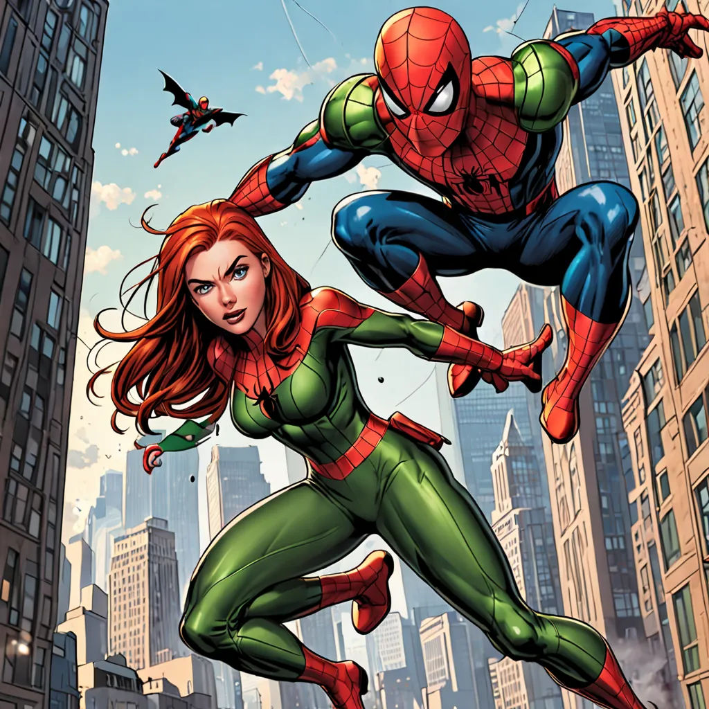 a woman in a green and blue suit is flying next to a spider man in a cityscape, antipodeans, a comic book panel, Alton Tobey, comic cover art