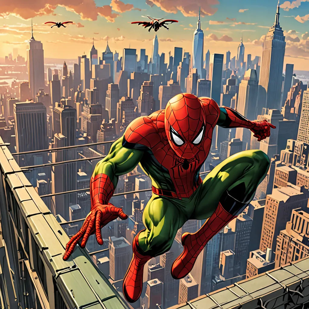 a spider man is jumping over a city in a cartoon style, with a helicopter flying overhead in the background, photorealism, a comic book panel, Alton Tobey, marvel comics