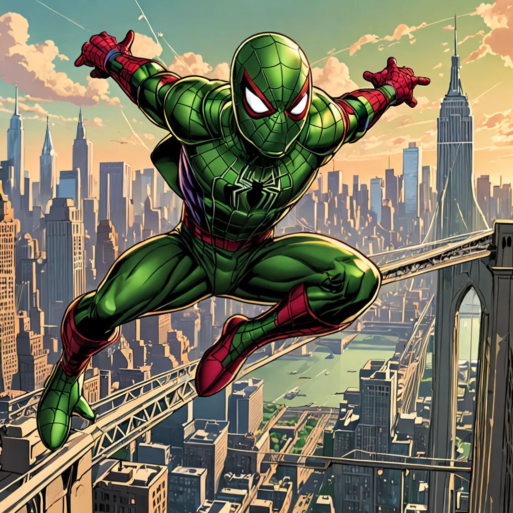 a spider man is flying over a city with a bridge in the background and a cityscape in the foreground, photorealism, a comic book panel, Eddie Mendoza, official art