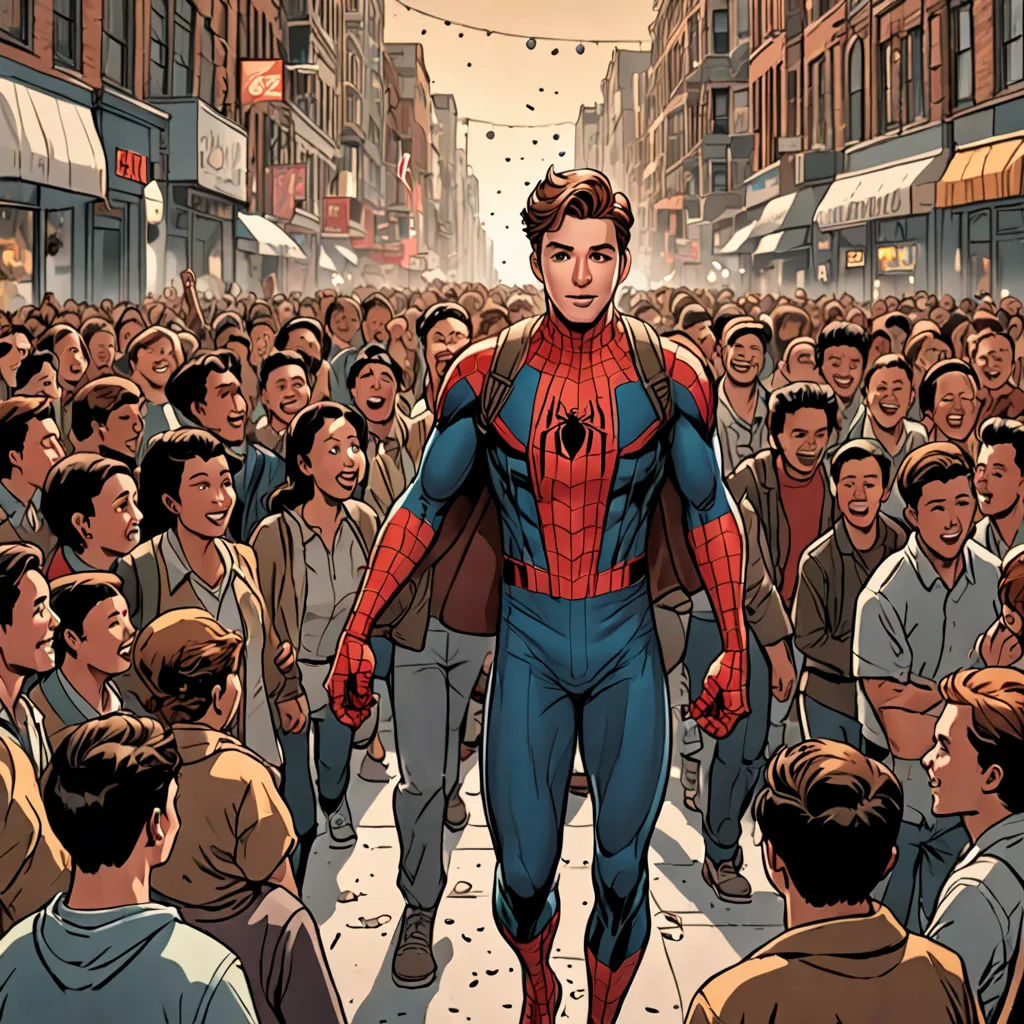 a man in a spider suit walking through a crowd of people in a city street with buildings and a string of lights, harlem renaissance, a comic book panel, Alton Tobey, official art