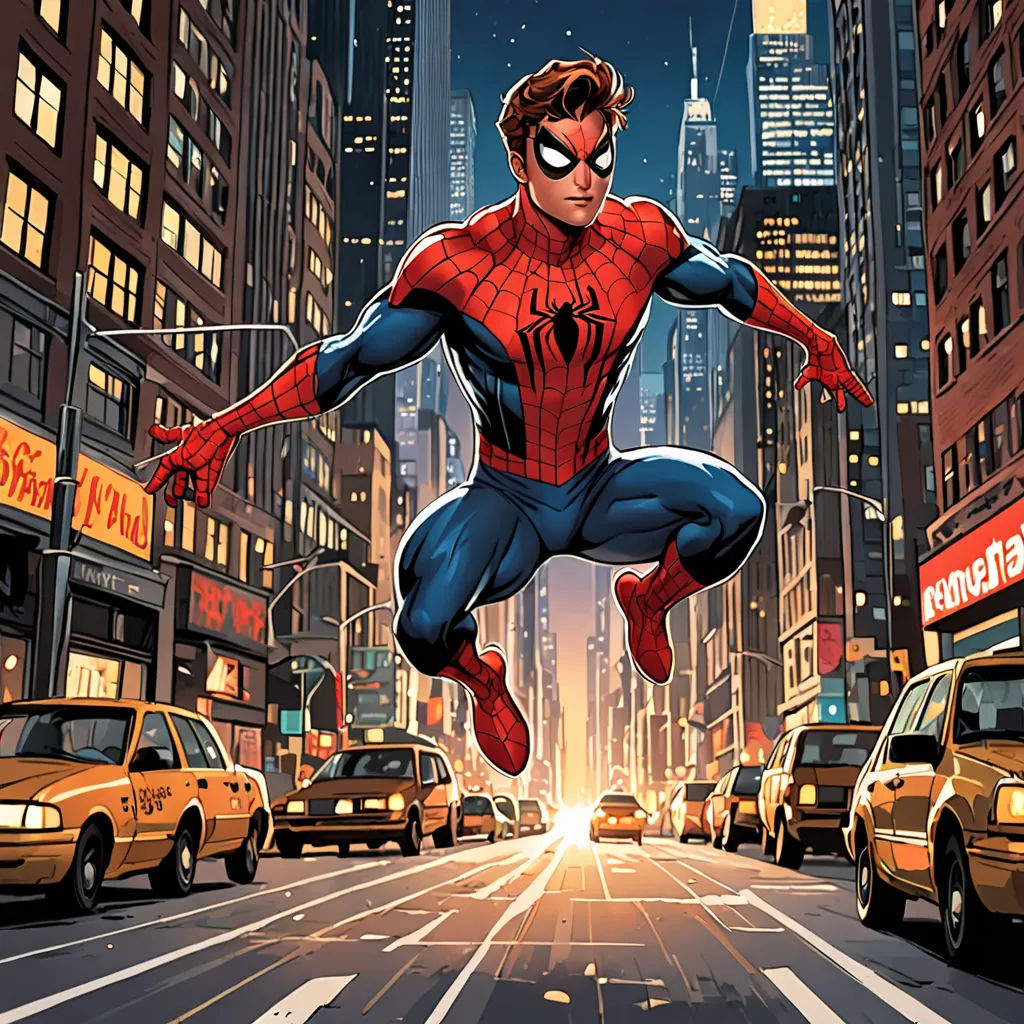 a man in a spider suit is jumping over a busy street in a city at night time with traffic, sots art, a comic book panel, Alton Tobey, official art