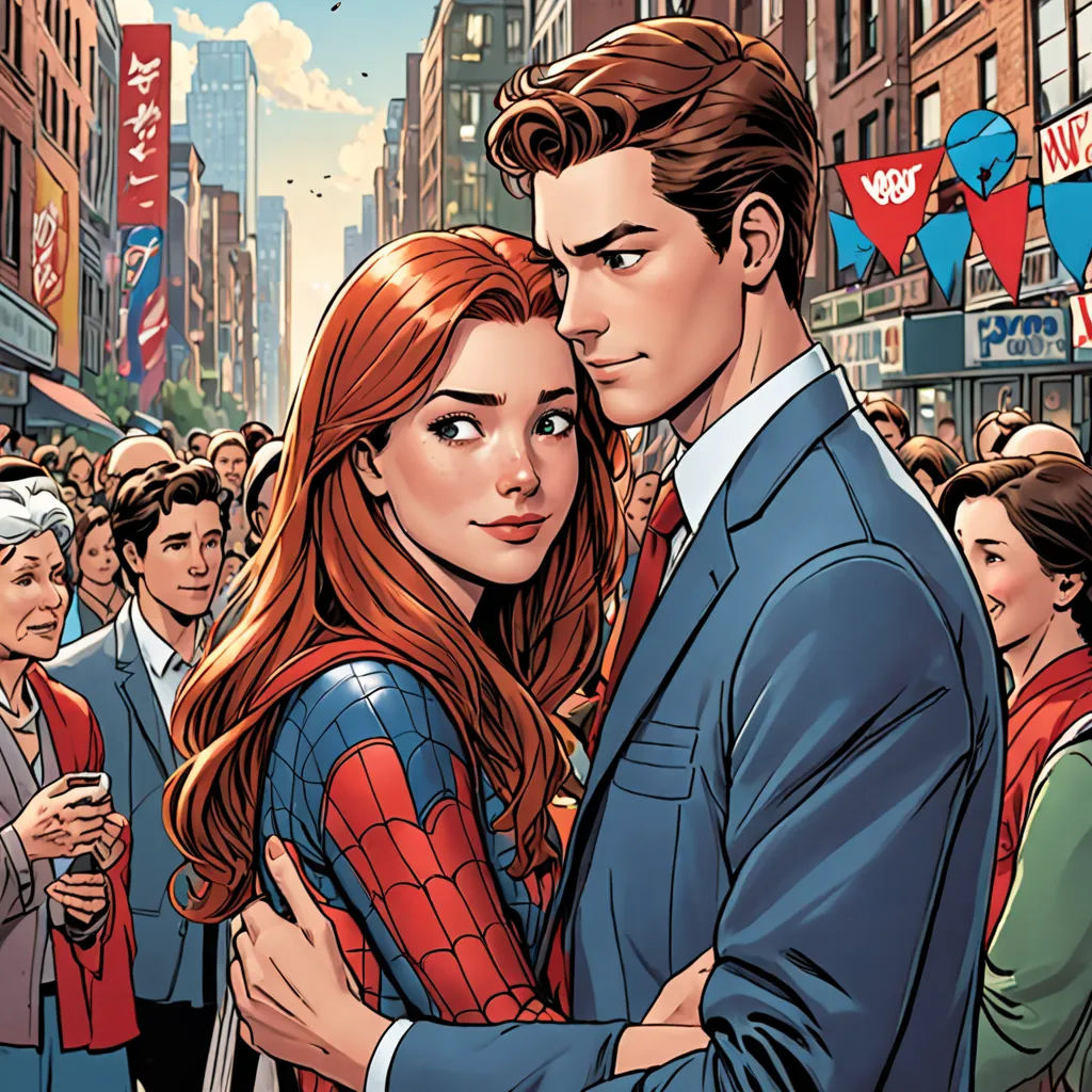 a man and woman are hugging in a crowd of people in a city street with buildings and signs in the background, fantastic realism, a comic book panel, Alton Tobey, comic cover art