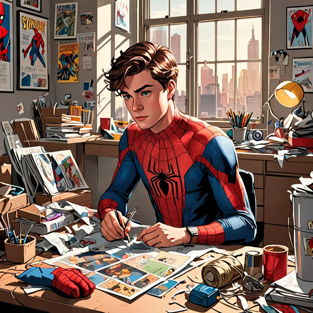 a man sitting at a desk with a spider man on it's chest and a spider man on his arm, academic art, a comic book panel, Alton Tobey, rossdraws global illumination