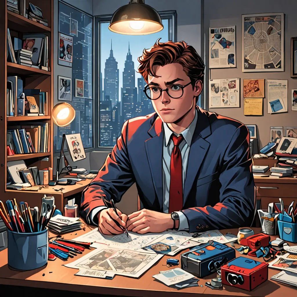 a man in a suit sitting at a desk with a lot of papers and pens and pencils on it, academic art, a comic book panel, Everett Warner, official art