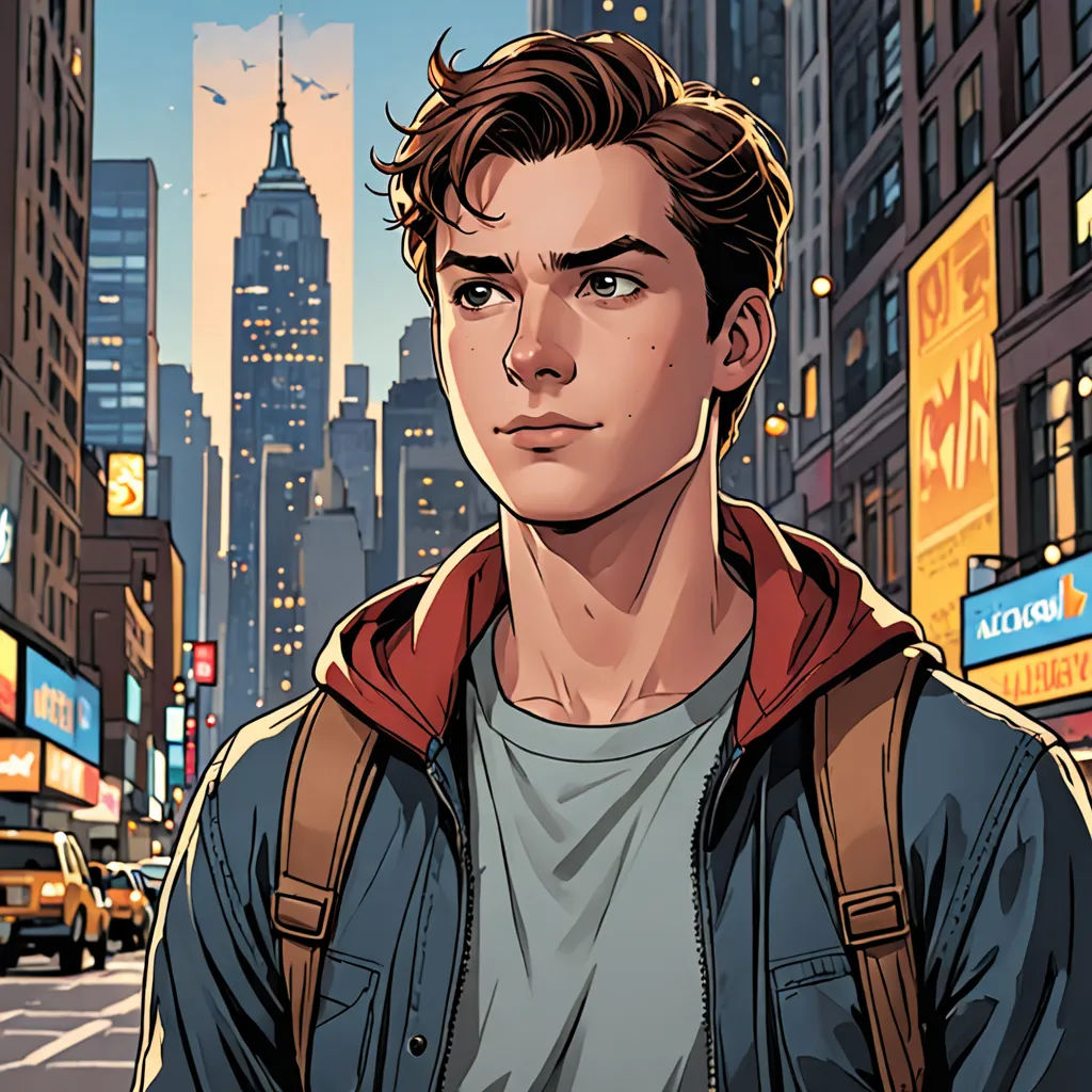 a man standing in the middle of a city street with a backpack on his shoulder and a cityscape in the background, sots art, a comic book panel, Everett Warner, graphic novel