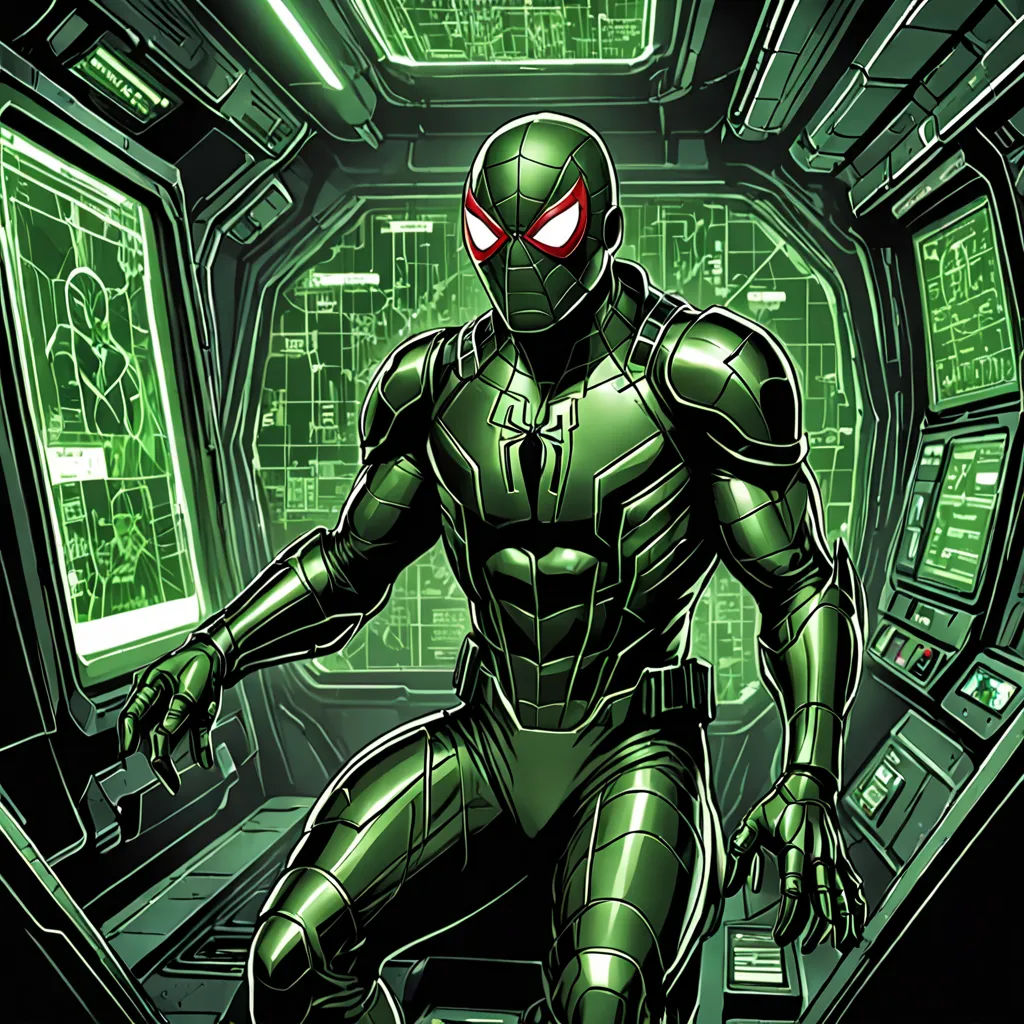 a man in a futuristic suit is sitting in a room with green lights and a red eye on his face, sots art, a comic book panel, Alton Tobey, comic cover art