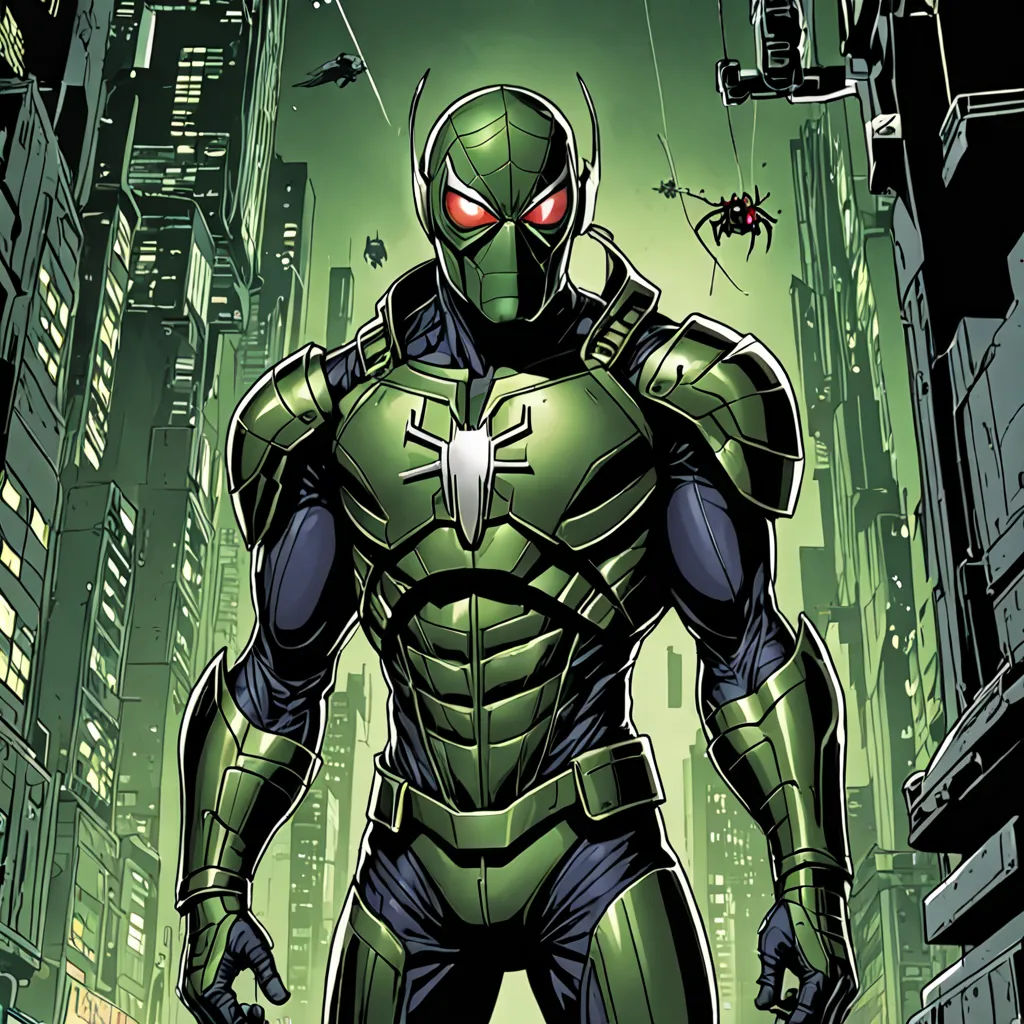 a man in a green suit standing in a city street with a spider man on his chest and a green light behind him, antipodeans, concept art, Eddie Mendoza, comic cover art