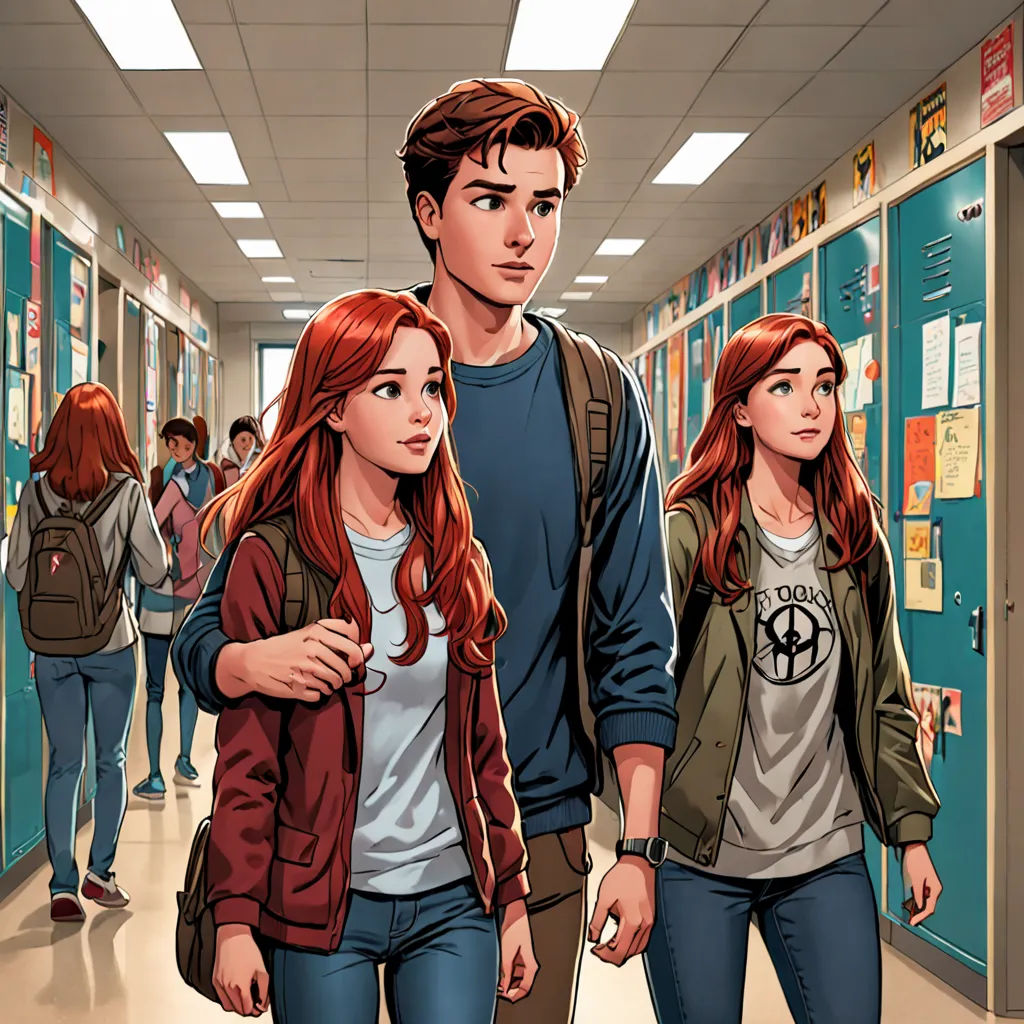 a man and woman walking down a hallway in a school with lockers behind them and a man holding a suitcase, rayonism, a comic book panel, Alton Tobey, comic cover art