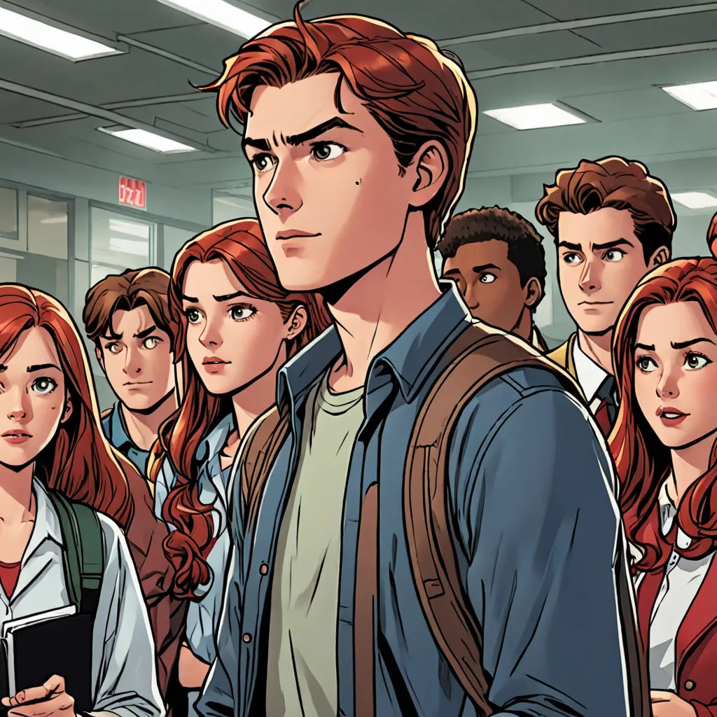 a man standing in front of a group of people in a building with a book in his hand and a book in his other hand, rayonism, a comic book panel, Alton Tobey, comic cover art