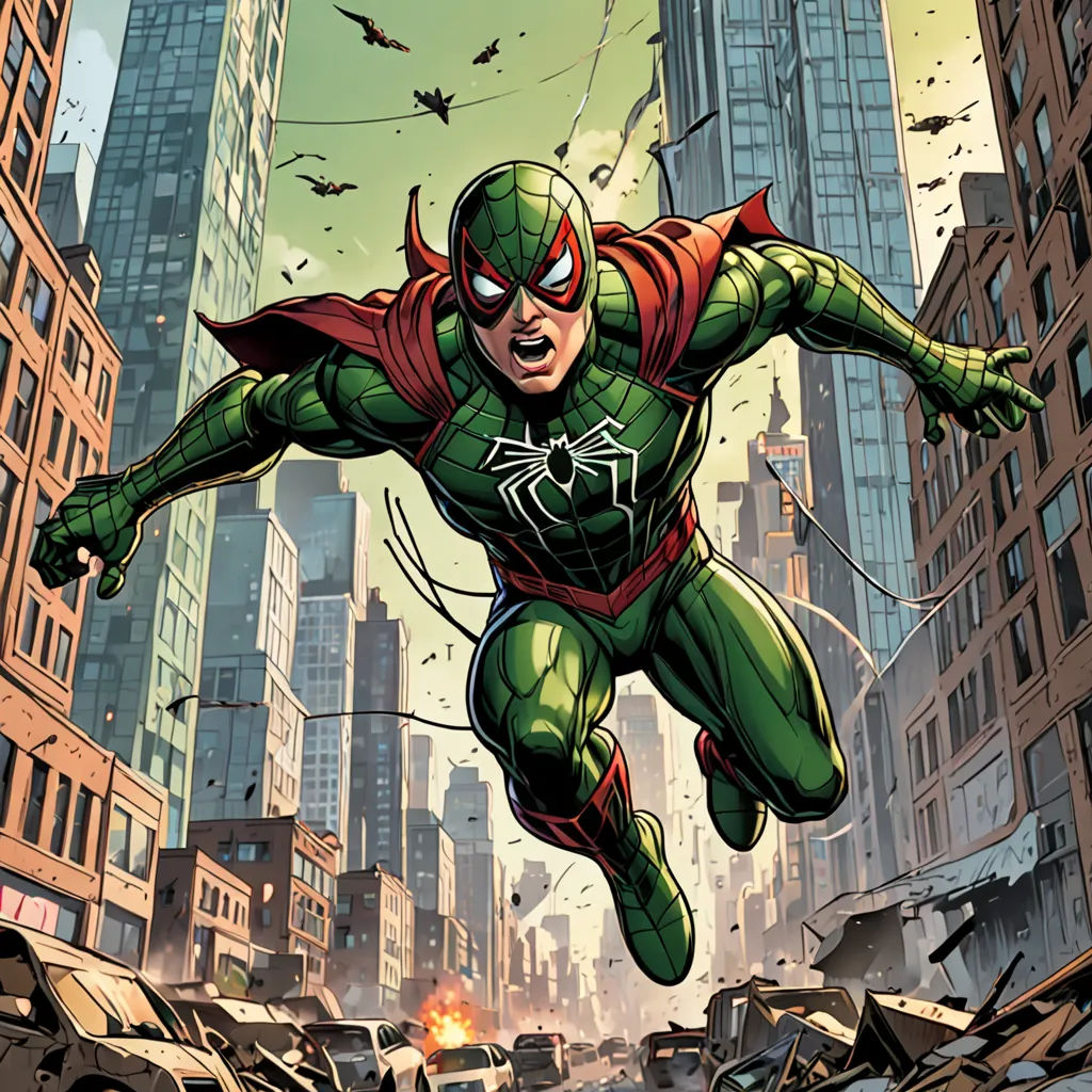 a man in a green suit flying through the air over a city with buildings and debris on the ground, antipodeans, a comic book panel, Eddie Mendoza, comic cover art