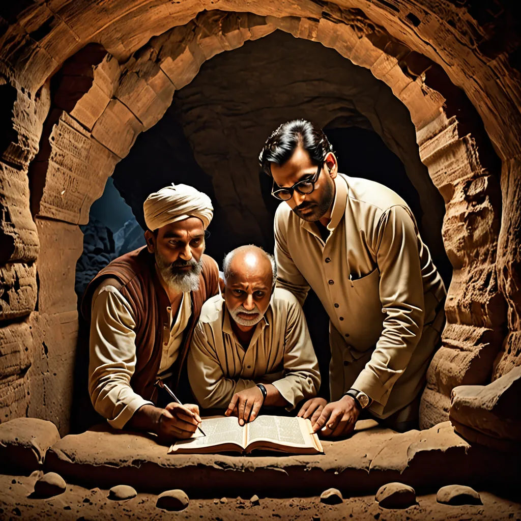 three men are looking at a book in a cave with a man in the middle of the photo looking at it, academic art, a storybook illustration, Amir Zand, cinematic photography