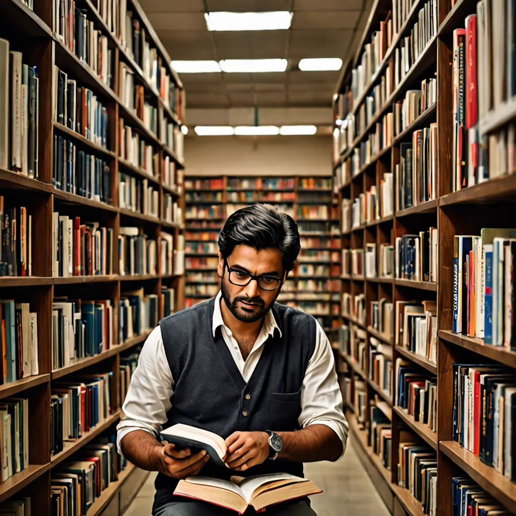 a man sitting on a bench reading a book in a library filled with bookshelves and a lot of books, academic art, a character portrait, Bikash Bhattacharjee, jayison devadas