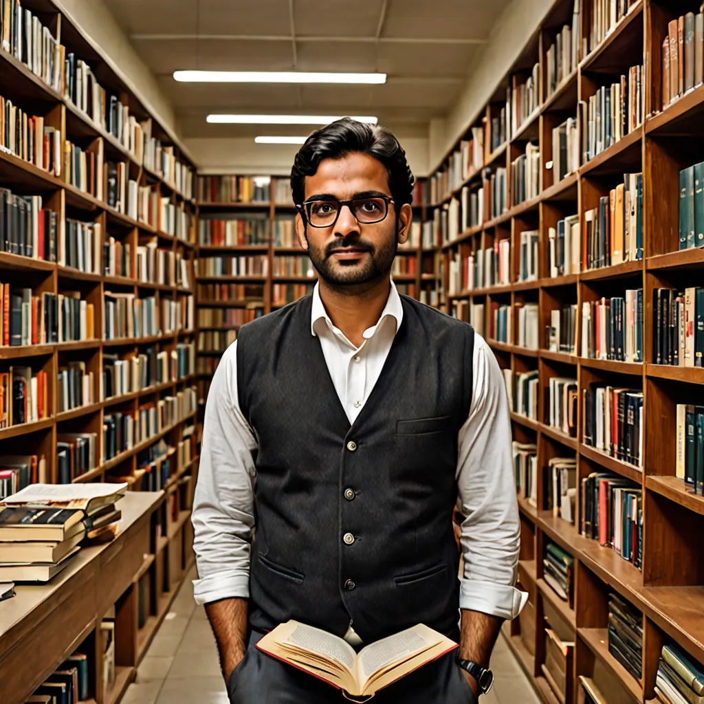 a man standing in a library holding a book in his hands and looking at the camera with a smile, academic art, a character portrait, Bikash Bhattacharjee, jayison devadas