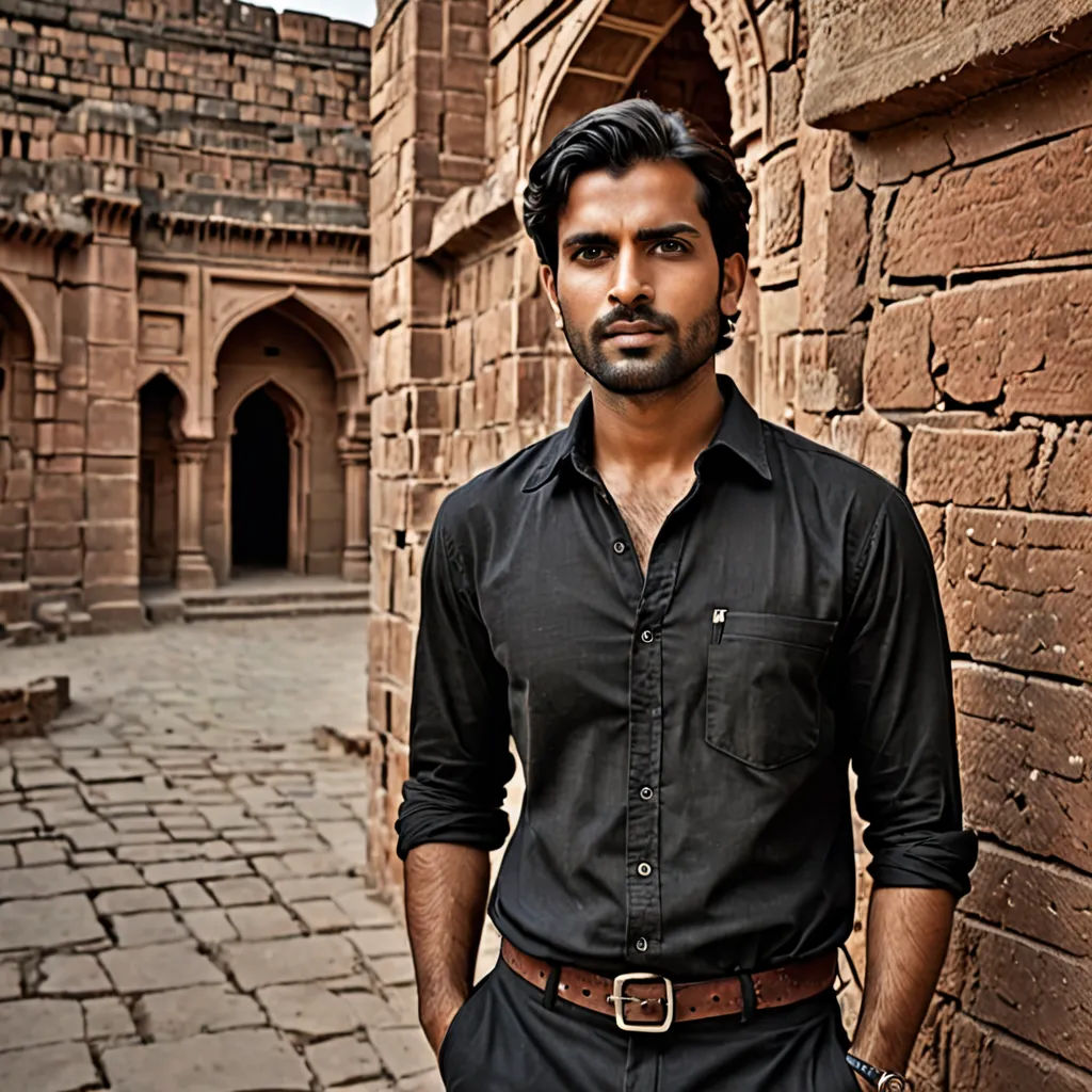 a man standing in front of a brick wall in a courtyard of a building with a clock on it, samikshavad, a character portrait, Anthony Devas, jayison devadas