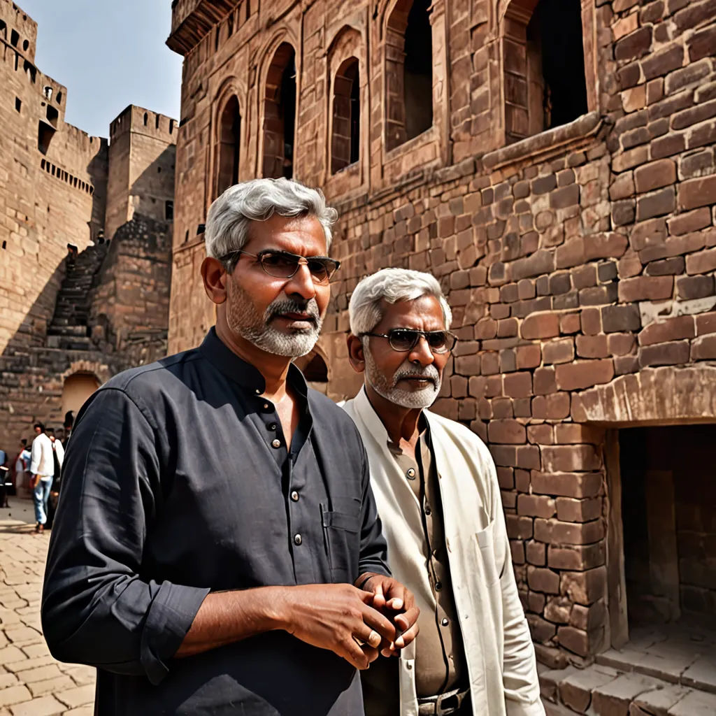 two men standing in front of a brick building with a stone wall behind them and a brick wall behind them, samikshavad, a colorized photo, Bholekar Srihari, movie still