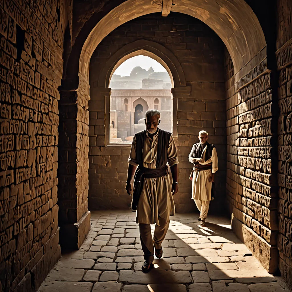 a man in a costume walking through a tunnel with another man in a turban and a man in a long robe, samikshavad, a detailed matte painting, Amir Zand, cinematic photography