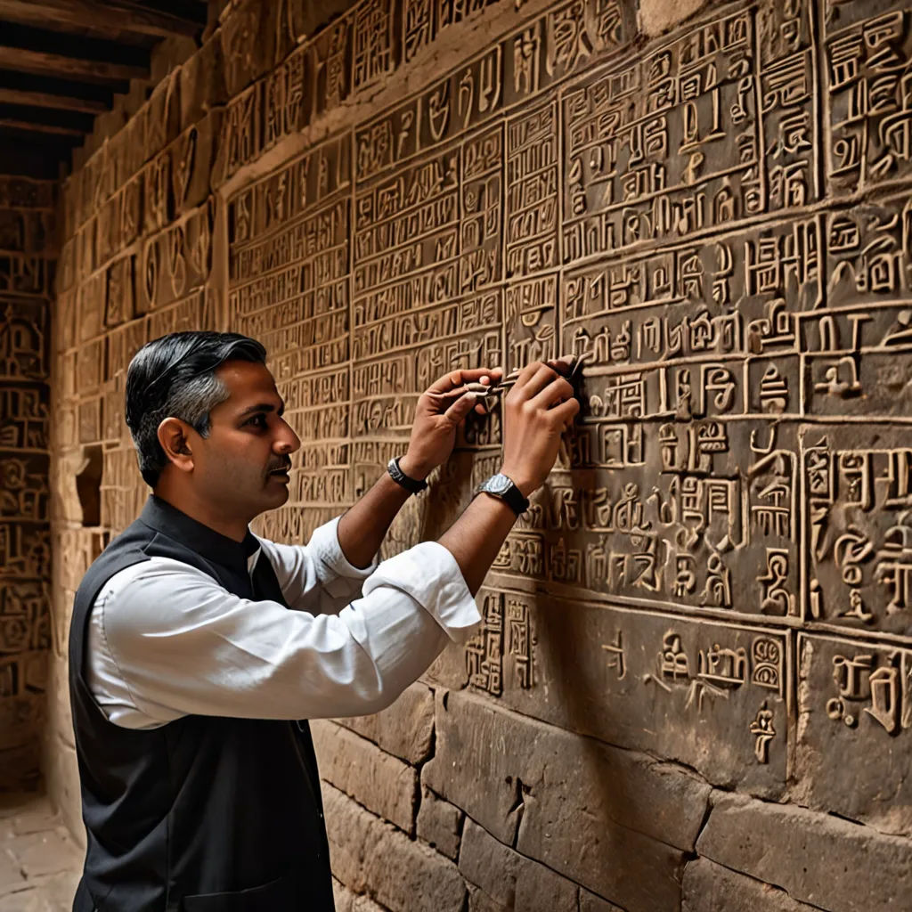 a man is writing on a wall with a pair of scissors in his hand and a watch on his wrist, academic art, egyptian art, Bholekar Srihari, intricate complexity