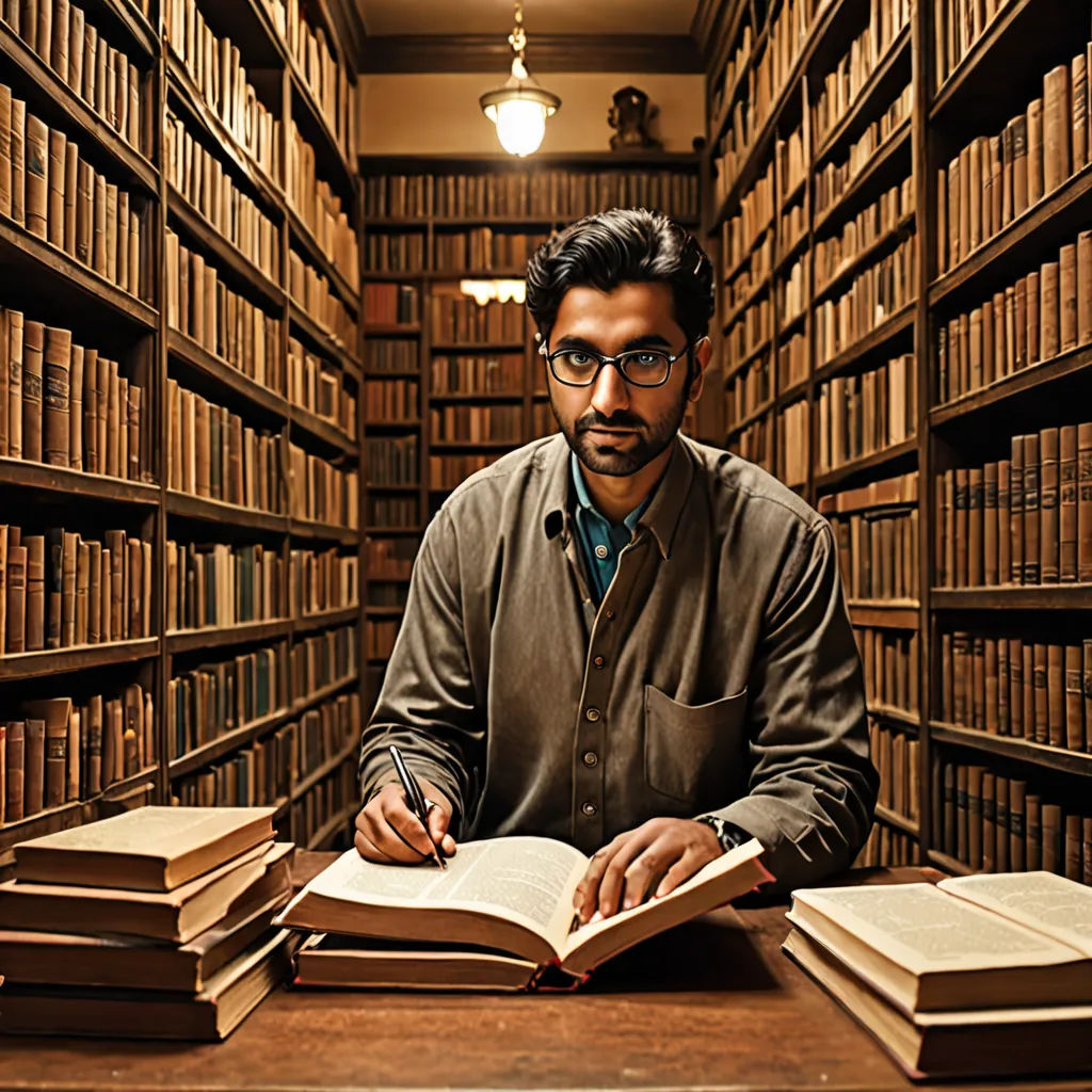 a man sitting at a table in a library with a book open and a lot of books on the shelves, academic art, a character portrait, Bikash Bhattacharjee, promotional image