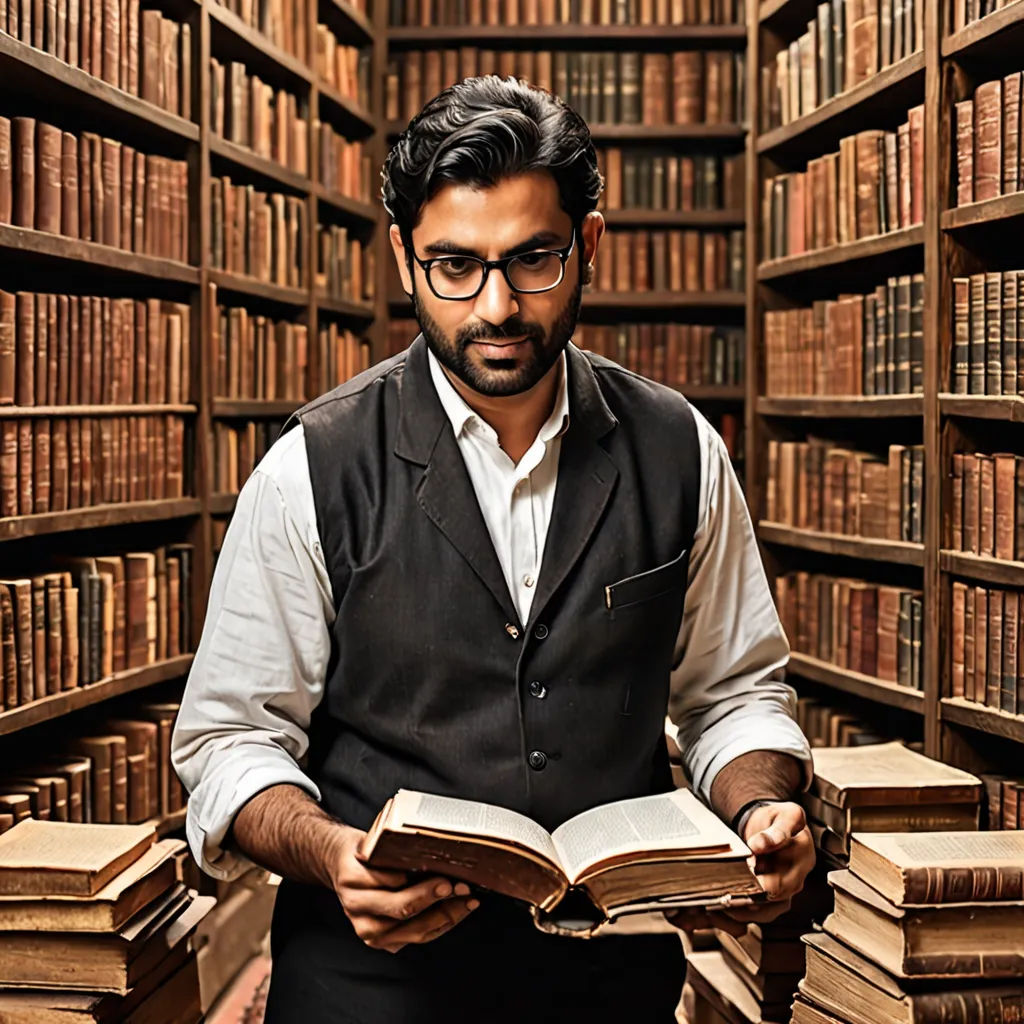 a man in a library holding a book in his hands and looking at the camera with a smile on his face, academic art, a character portrait, Anthony Devas, promotional image
