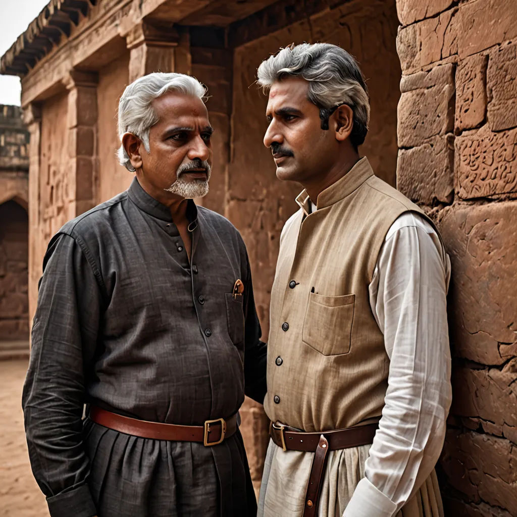 two men standing next to each other near a building with a stone wall and a doorway in the background, samikshavad, a poster, Bhupen Khakhar, movie still