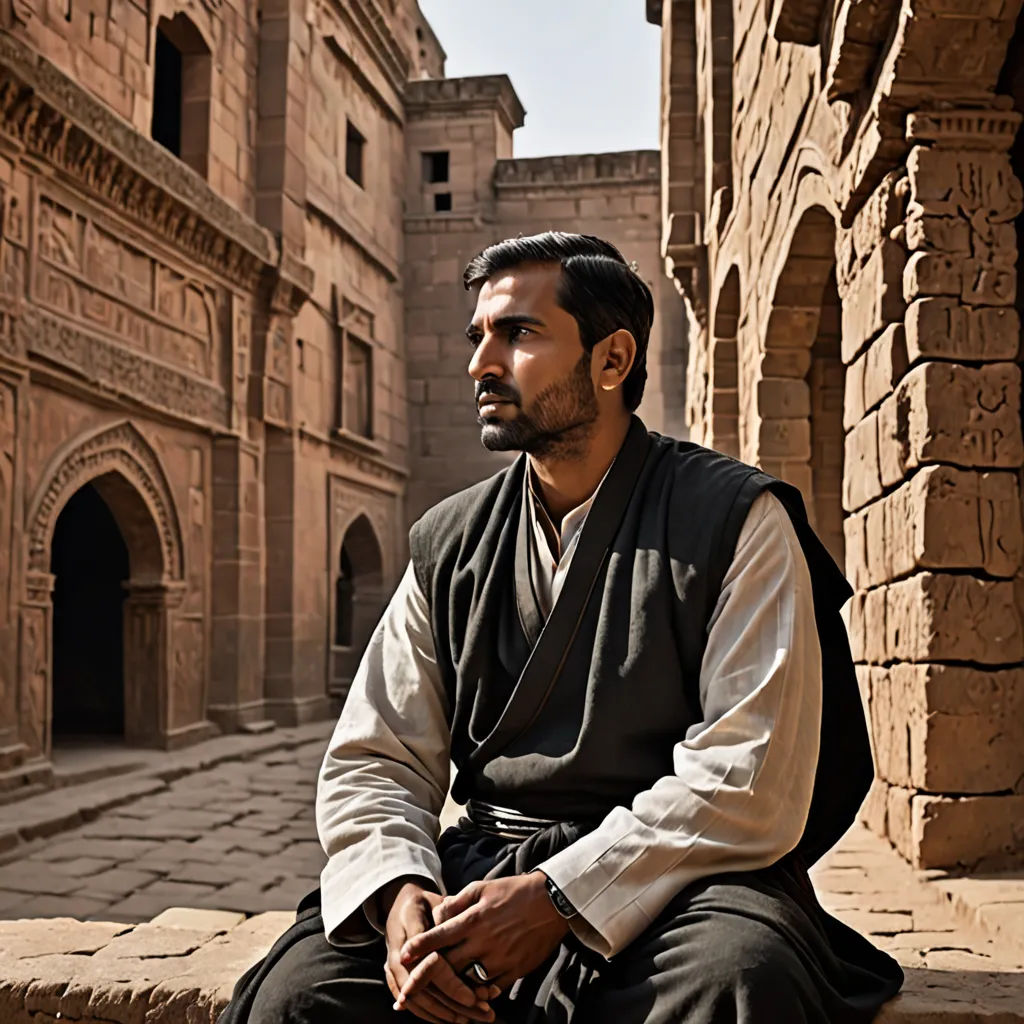 a man sitting on a ledge in a courtyard of a building with a brick wall and archways in the background, samikshavad, a character portrait, Amir Zand, cinematic photography