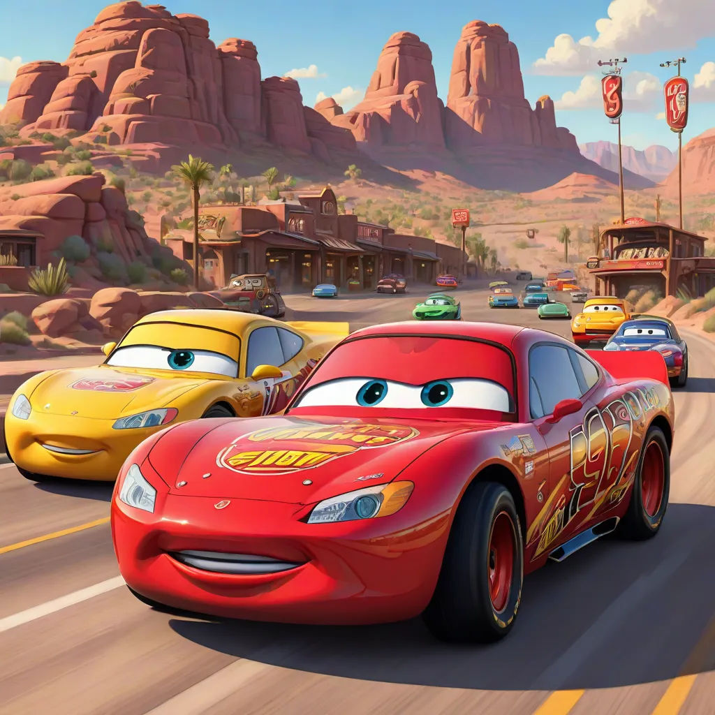 a cartoon character is driving in a race car in front of a mountain range and a desert town in the background, excessivism, concept art, Cornelisz Hendriksz Vroom, pixar and disney animation