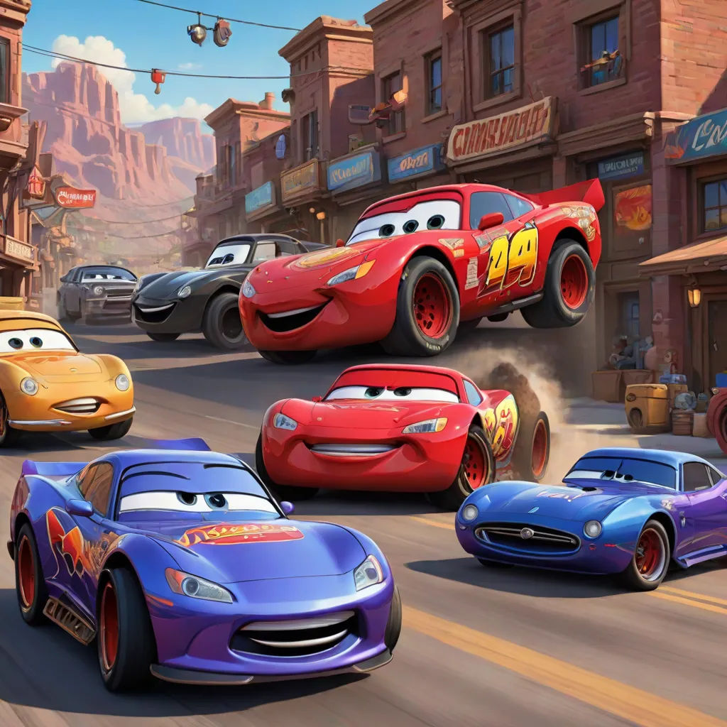 cars are driving down a street in a cartoon style scene with a town in the background and a sky line, sots art, concept art, disney, pixar and disney animation
