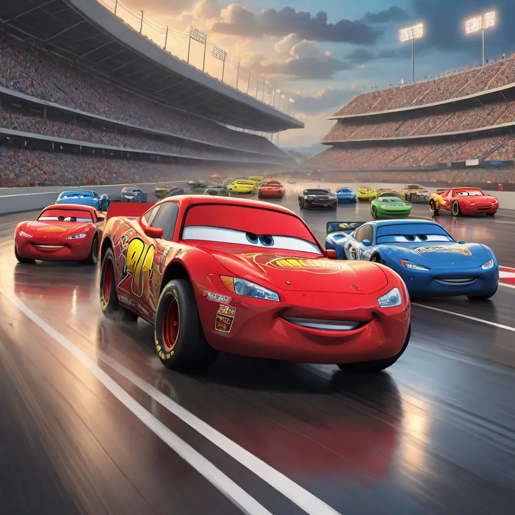 cars racing in a race track in a stadium with a sky background and a stadium full of people watching, sots art, a stock photo, disney, pixar and disney animation