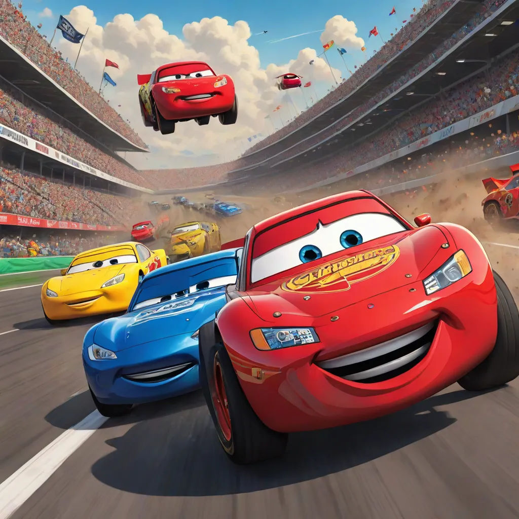 a group of cars driving down a race track in a stadium with a sky background and a sky filled with clouds, sots art, poster art, Cornelisz Hendriksz Vroom, pixar and disney animation
