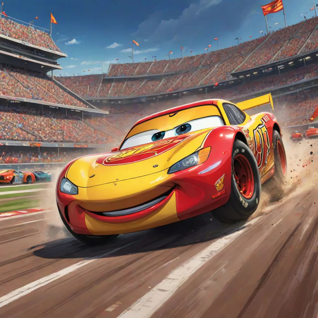 a cartoon character is driving a car in a stadium with a crowd of people watching from the stands and a stadium, sots art, an ultrafine detailed painting, Cornelisz Hendriksz Vroom, pixar and disney animation
