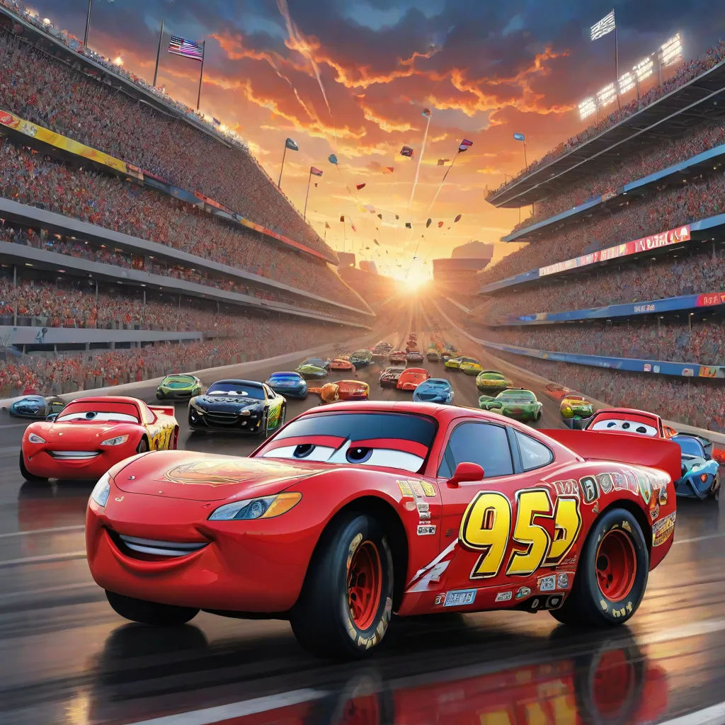 a cartoon of cars racing in a race track at sunset or sunrise with a stadium in the background and a sky filled with clouds, photorealism, a digital rendering, disney, pixar and disney animation