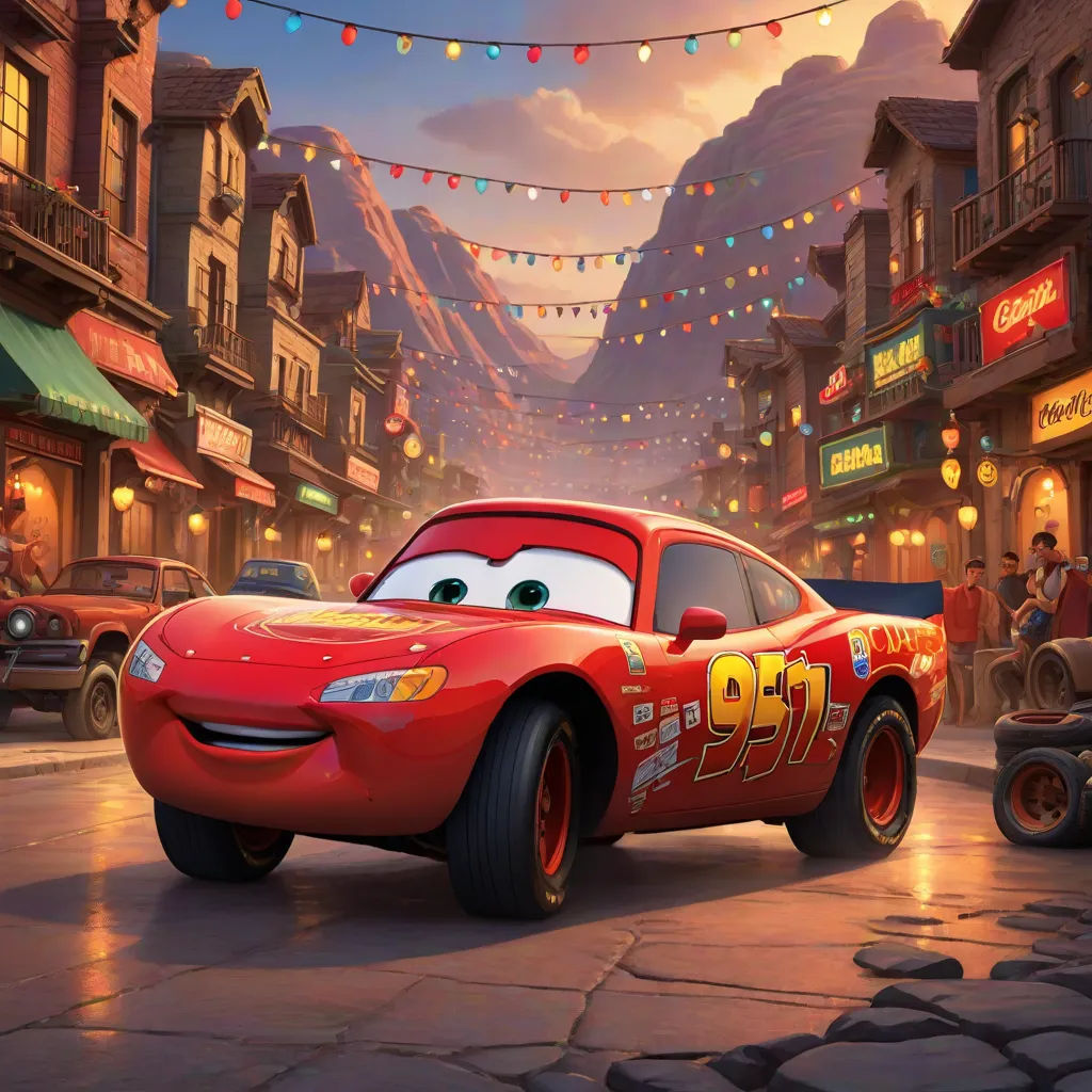 a cartoon character is driving a red car in a disney movie scene with a string of lights strung above, excessivism, concept art, disney, pixar and disney animation