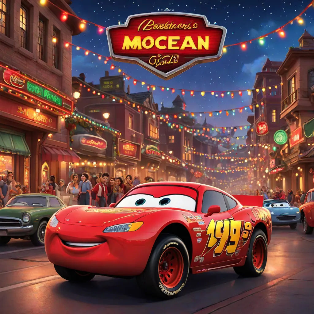 a cartoon character is driving a car in a movie scene with a neon sign above it that says,'cars 3 ', incoherents, poster art, Eugene Montgomery, promotional image