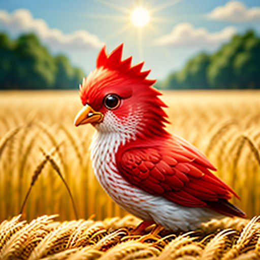 a bird is standing in a field of wheat with the sun in the background and a blue sky with clouds