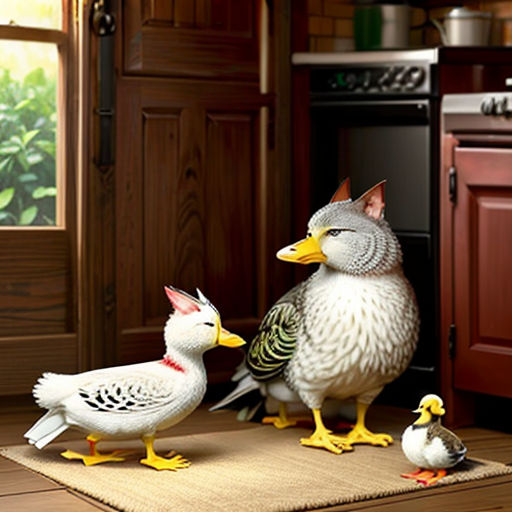 a couple of birds standing on top of a rug in a kitchen next to a stove top oven and a sink