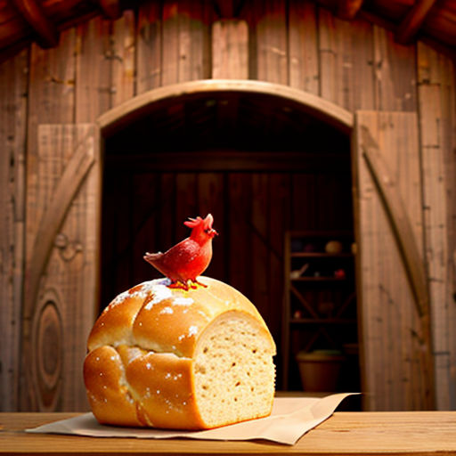 a loaf of bread with a red bird on top of it on a table in front of a wooden building