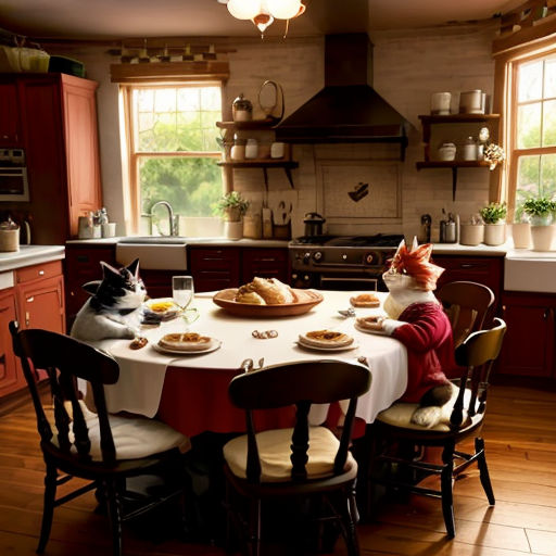 a cat sitting at a table with a plate of food on it and a stuffed animal sitting on the table