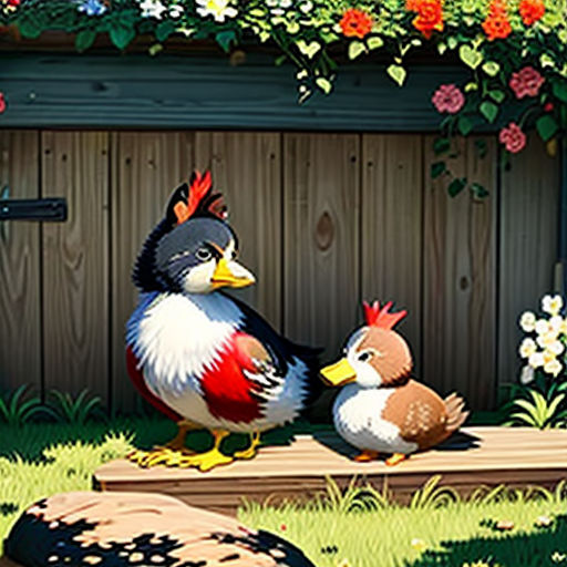 a couple of ducks standing on top of a wooden platform in a garden next to a fence and flowers