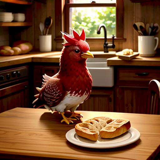 a chicken is standing on a plate of food in a kitchen with a sink and a window in the background