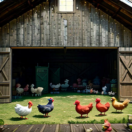 a group of chickens standing in front of a barn with a chicken in the yard and chickens in the yard