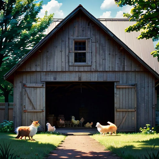 a barn with a group of animals walking in front of it and a dog in the doorway of the barn