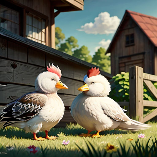 two birds standing in the grass near a fence and a house with a red roof and a red roof