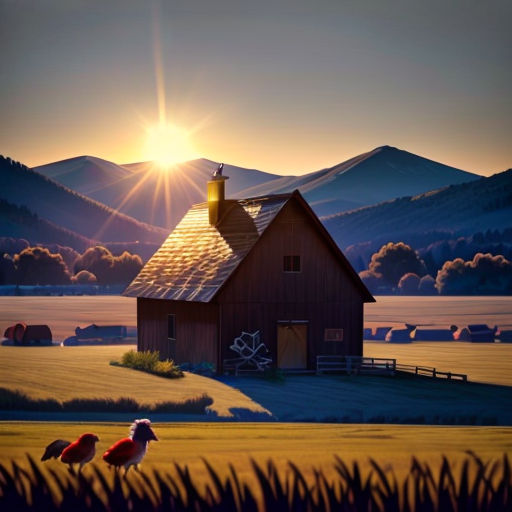 a painting of a barn and two birds in a field at sunset with mountains in the background and a sun setting